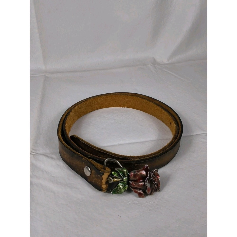 Vtg '83 Bergamot Brass Works Rose Belt Buckle D-231 USA Leather Belt Sz L